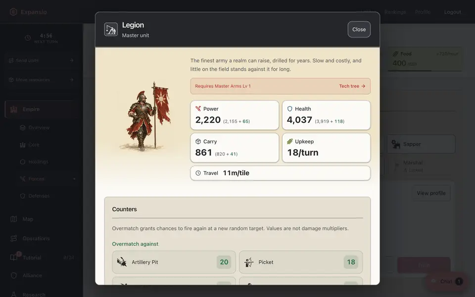 The Legion's profile, with its painted portrait, stats and counters