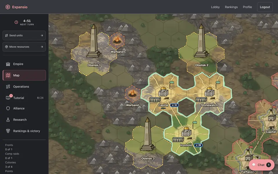The painted world map with colonies, landmarks, camps and borders